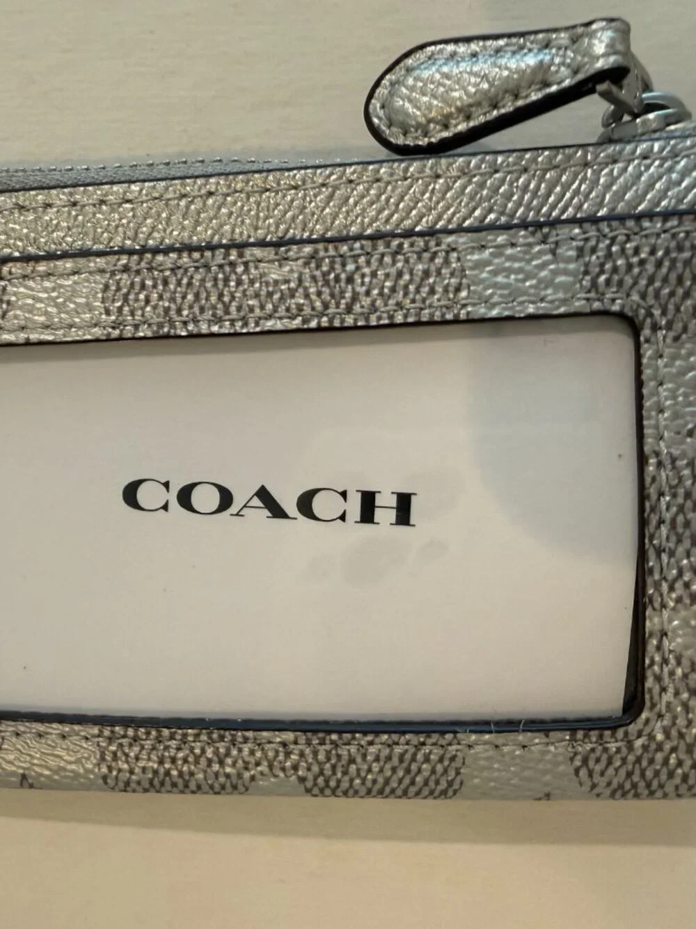 Coach Min/Skinny ID Case Card Holder Signature Canvas key chain/ Wallet Silver